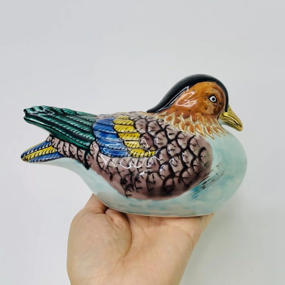 Vintage Bird Figurine Japanese Kutani Mandarin Duck Painted Gilded Signed Stamp - Picture 5 of 9